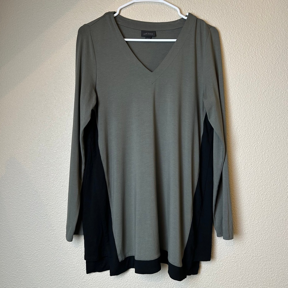 J. Jill Wearever Olive Green Black V-Neck Tunic Top Stretch Lagenlook Travel L